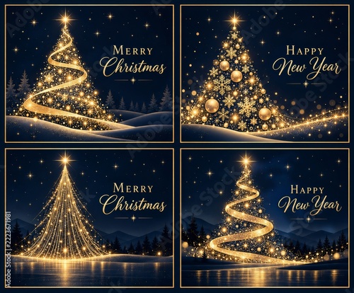 Navy and gold Christmas greeting card set with sparkling luminous tree silhou...