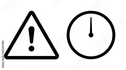 Black warning triangle with exclamation mark and clock icon isolated