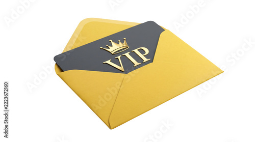 Golden envelope with black vip card and crown symbol isolated on
