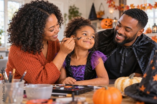 Happy family preparing Halloween face paint together in a bright cozy home