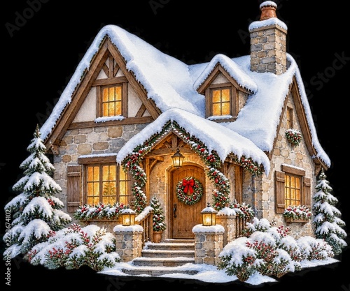 Watercolor winter cottage with snowy roof isolated on transparent background