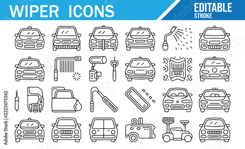 Editable Car Windshield Wiper Icons Set, Automotive Service Symbols Collection with Vehicle Parts and Maintenance Vector Elements