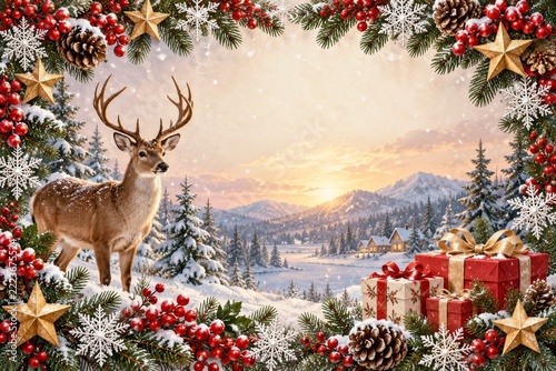 Christmas Deer and Gifts Framed by Berries Stars and Snowflake Decorations