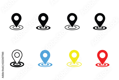 Diverse collection of location pointer icons including solid colors and outlined designs for digital mapping