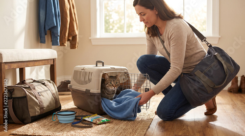 Woman preparing a cat in a travel carrier for a trip with copy space