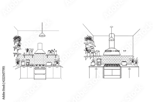 Minimalist hand drawn line art sketches depicting modern cozy kitchen interior design with appliances and shelves