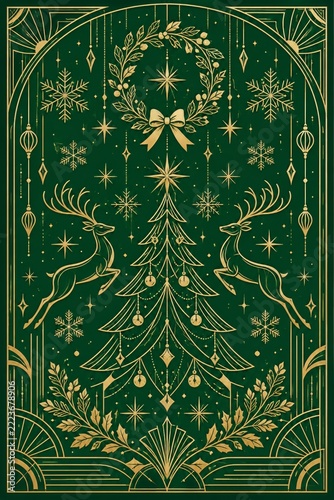 Gold Art Deco Christmas Illustration with Reindeer on Deep Green