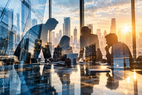 Business teamwork silhouettes blended with modern city double exposure