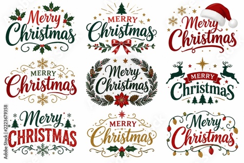 Christmas typographic emblem set with holly wreaths and festive decorative sy...