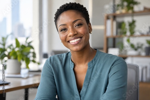 Friendly young businesswoman smiling warmly in a bright modern office