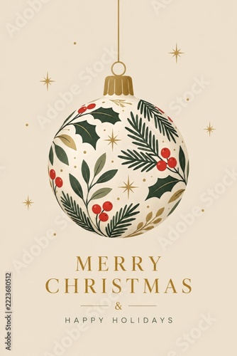 Minimal beige Christmas greeting card with a botanical hanging bauble