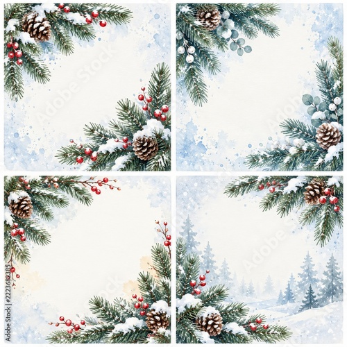 Watercolor Winter Card Set with Snowy Fir Branches and Blank Copy Space