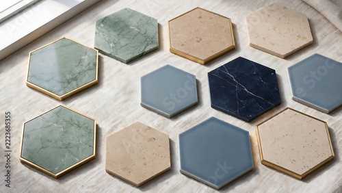 Hexagonal puzzle pieces in gray and green tones