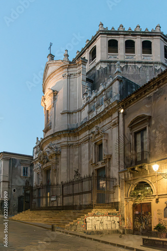 Baroque Church of San Giuliano along Via Crociferi in downtown Catania at dusk, Sicily, Italy