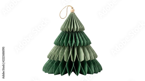 Folded paper christmas tree ornament with string hanger in varied green tones