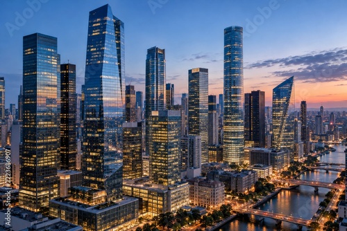 Illuminated glass skyscrapers in a downtown business skyline at dusk