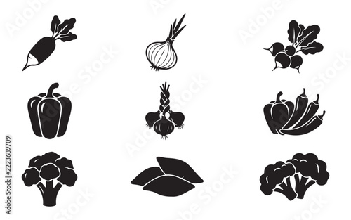 Various vegetable silhouettes featuring radish onion bell peppers garlic broccoli and sweet potatoes.