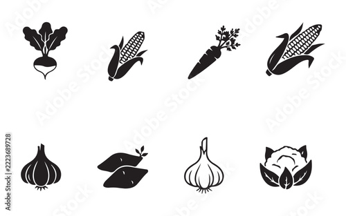 Vegetable black white silhouette isolated icons set vector illustration healthy fresh natural farm food.