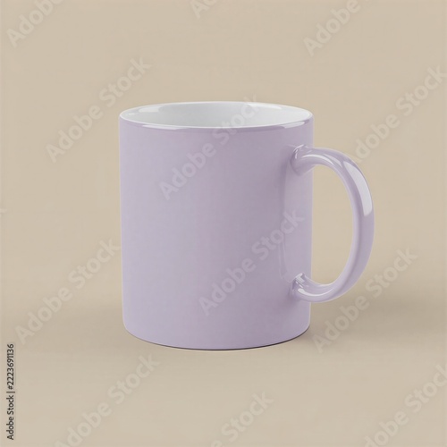 Lavender ceramic coffee mug with glossy finish and blank surface on a warm beige backdrop, minimalist drinkware mockup for custom printing, personalized gifts, branding and product design, copy space