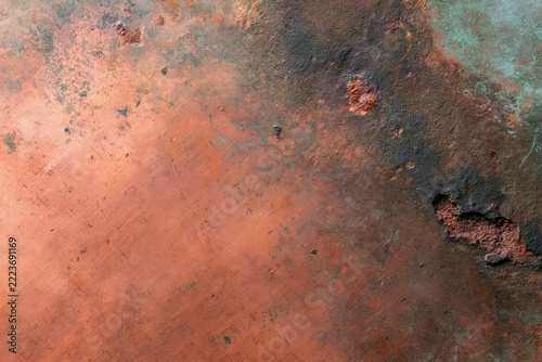 Top down macro of aged copper surface with weathered patina, turquoise green verdigris and dark oxidation, grungy vintage industrial metal texture background