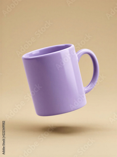 Floating glossy lavender ceramic coffee mug with blank surface on a warm beige gradient background, minimalist product mockup for custom printing, personalized gifts and branding, copy space