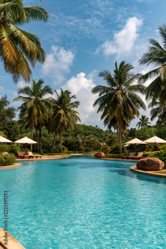 Tropical resort swimming pool with palm trees