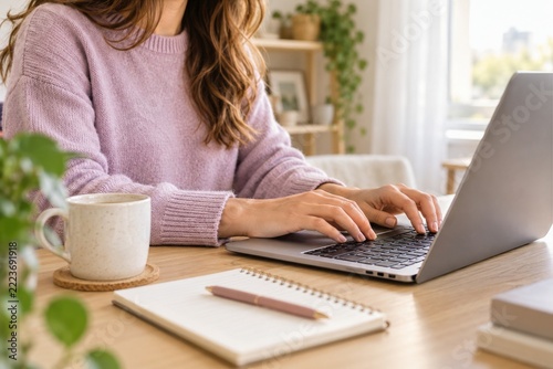 Close up of a woman typing on a laptop while working remotely at a home desk