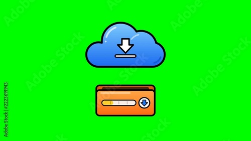 A blue cloud icon with a download arrow and an orange progress bar animation, ending with a checkmark, on a vibrant green screen background. Ideal for illustrating data transfer, cloud storage.