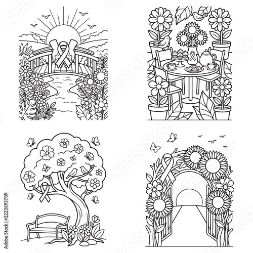 Romantic wedding archway garden ceremony illustration with floral