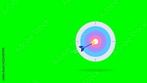 Animation of a small arrow flying towards a colorful target and hitting the bullseye. The target displays icons such as a checkmark and percentage. Ideal for concepts of success, achievement.