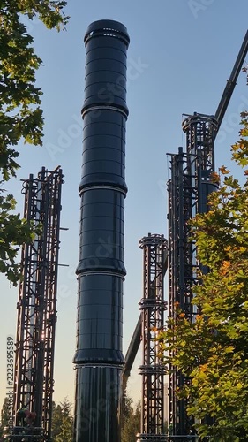 Construction of futuristic vertical fountain towers in the city
