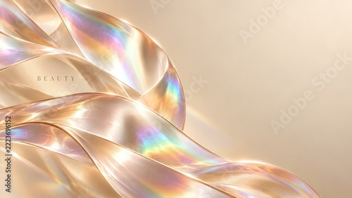 Iridescent Ribbons with Rainbow Reflections on a Champagne Background