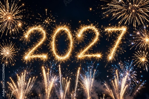 Golden Sparkler Year Numerals above Firework Trails against a Navy Background