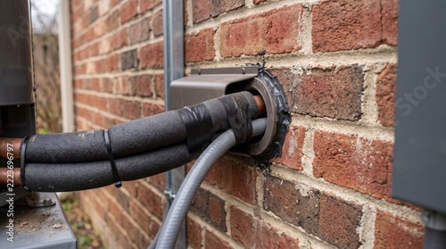 Heat pump refrigerant line installation close-up on brick exterior wall with professional weatherproof sleeve