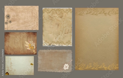 Vintage Beige Parchment Paper Background Collection with Ornamental Gold Floral Borders, Antique Texture and Elegant Blank Templates