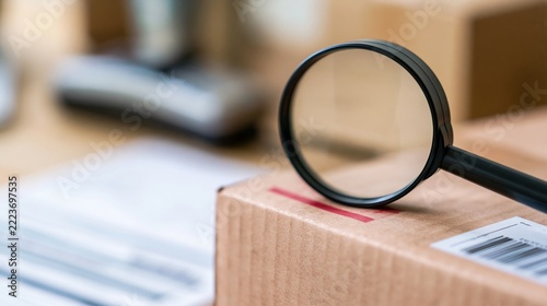 Magnifying glass inspecting cardboard package