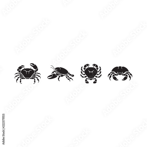 Black silhouette illustrations of various crab species on a white background