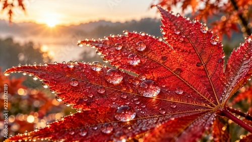 Red maple leaf with sparkling dew drops at golden sunrise, autumn freshness and seasonal beauty concept
