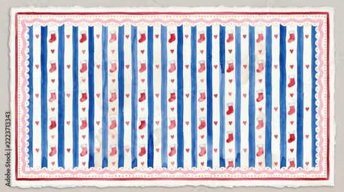 Watercolor Christmas stocking pattern with blue stripes and hearts background