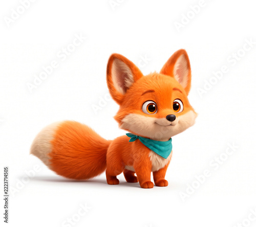 Cute fluffy little fox cub with a turquoise bandana isolated on white background, 3D character design