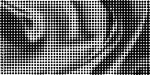Black and white bold macro halftone dot pattern featuring dynamic extreme optical illusion wave abstract vector background eps10