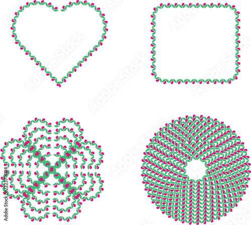 Set of decorative frames and circular patterns made of green leaves and pink flower buds