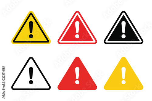 Set of warning signs with exclamation mark icons in different colors and styles