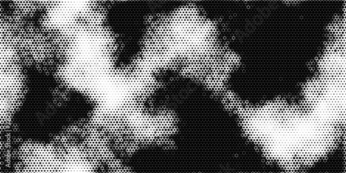 Black and white distressed halftone dot pattern featuring abstract cloud camouflage graphic texture abstract vector background eps10
