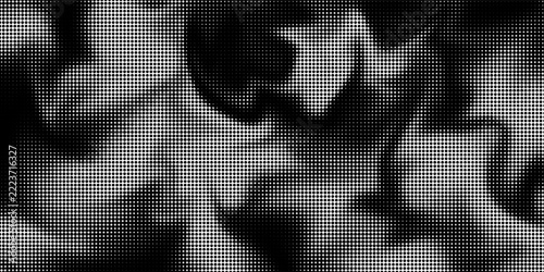 Black and white rough distressed halftone dot pattern featuring abstract cloud camouflage graphic texture abstract vector background eps10