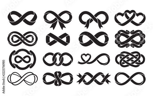 Black and white ribbon infinity symbols in various styles on transparent background.