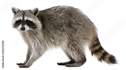 Photography Isolated cute raccoon standing full body with striped tail, looking alertly, Nor