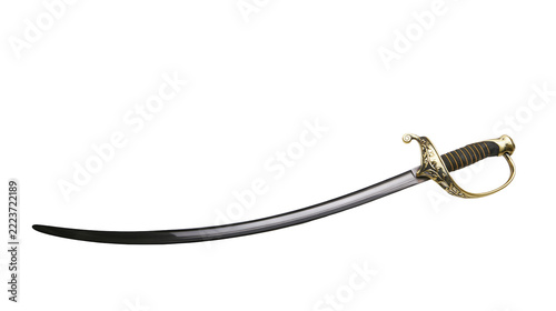Obraz na plátně Isolated ornate saber with curved blade and golden hilt, an ancient military wea