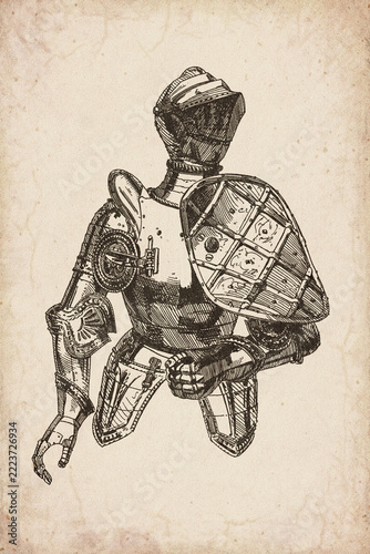 Vintage Medieval Knight in Realgestech Armor with Shield Illustration