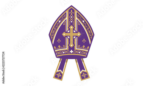 Mitre traditional catholic bishop hat design with golden cross and elegant ornaments.